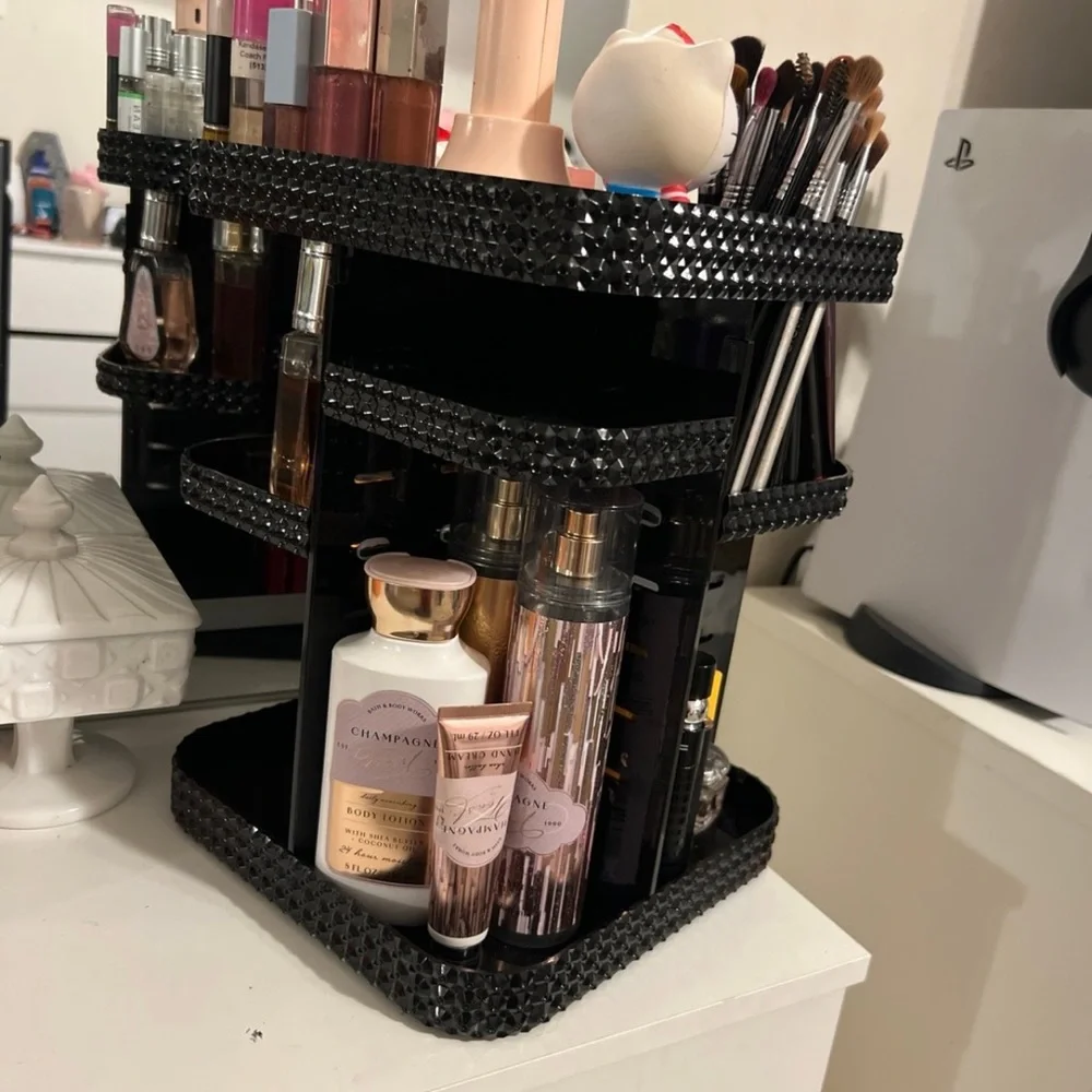 Elegant Rotating Black Crystal Makeup Organizer